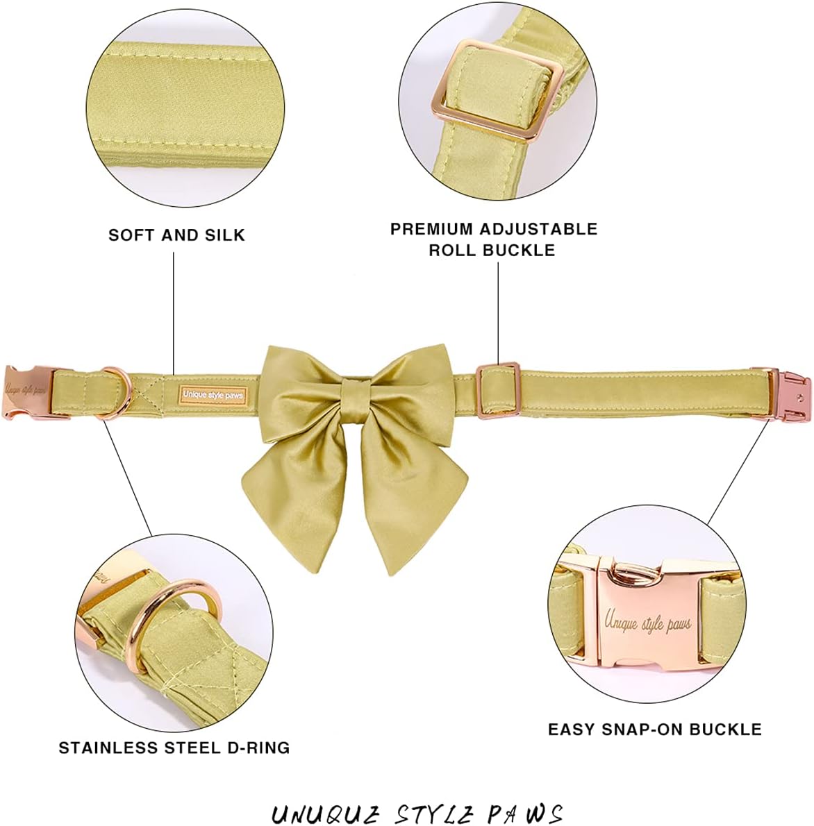 Unique Style Paws Silk Yellow Color Adjustable Wedding Bow Tie Collar for X-Large Dogs