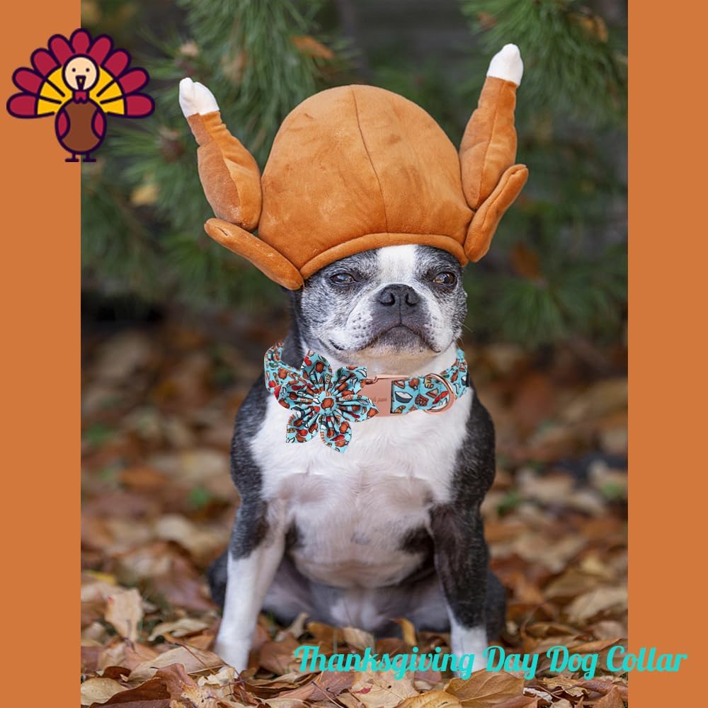 Unique Style Paws Thanksgiving Day Dog Collar with Flower Bow Turkey Cotton Puppy Collars for Small Medium Large Dogs