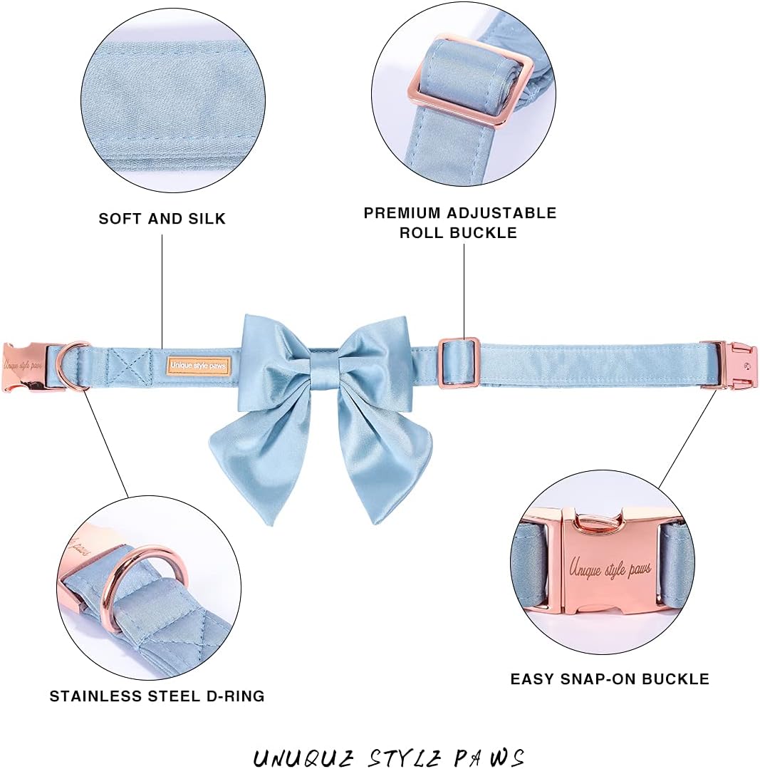 Unique style paws Silk Blue Color Dog Collar Adjustable Durable Dog Collar with Bow Wedding Bowtie Collar for X-Large Dogs