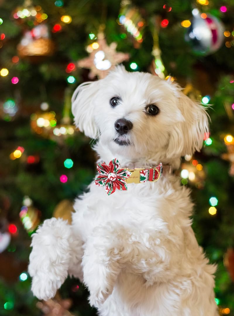 Unique Style Paws Christmas Day Dog Collar with Flower Bow Christmas Tree Cotton Puppy Collars for Small Medium Large Dogs