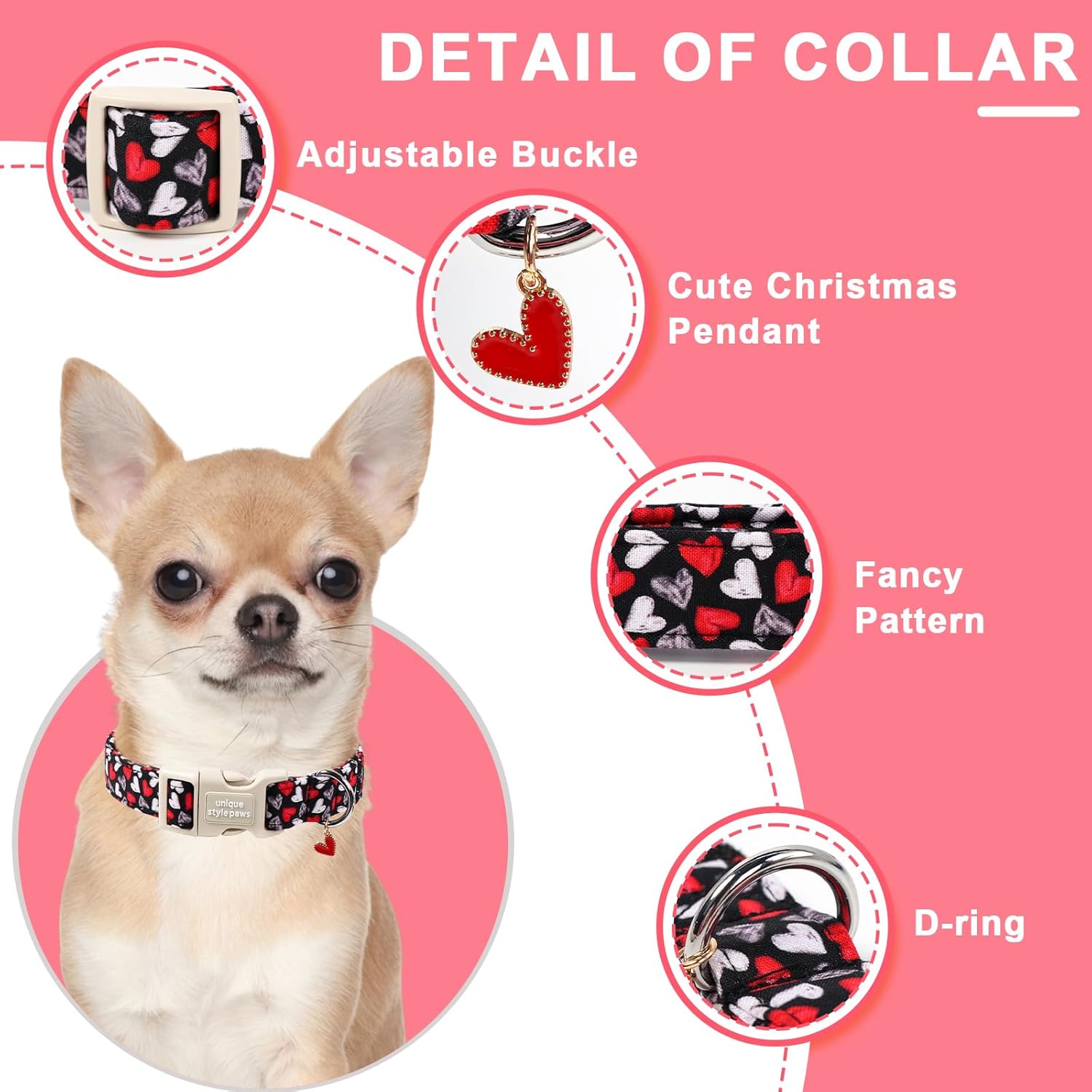 Unique Style Paws Valentine Dog Collar,Black Red Heart Print Dog Collar for Small Dogs,Soft Cotton Puppy Collars with Adjustable Buckle for Small,Medium,Large Dogs,Gift for Puppy