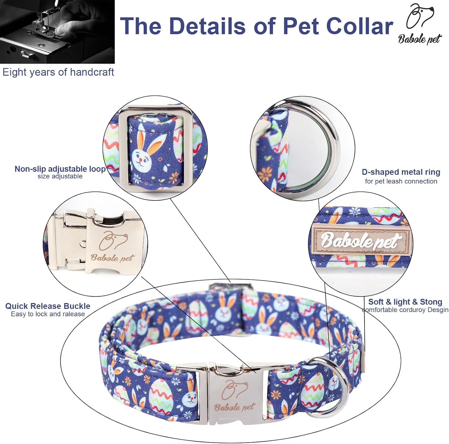 Easter Dog Collar, Cute Easter Bunny Eggs Pet Collar with Metal Buckel, Durable Adjustable Holiday Dog Collars for Small Medium Large Dogs XL