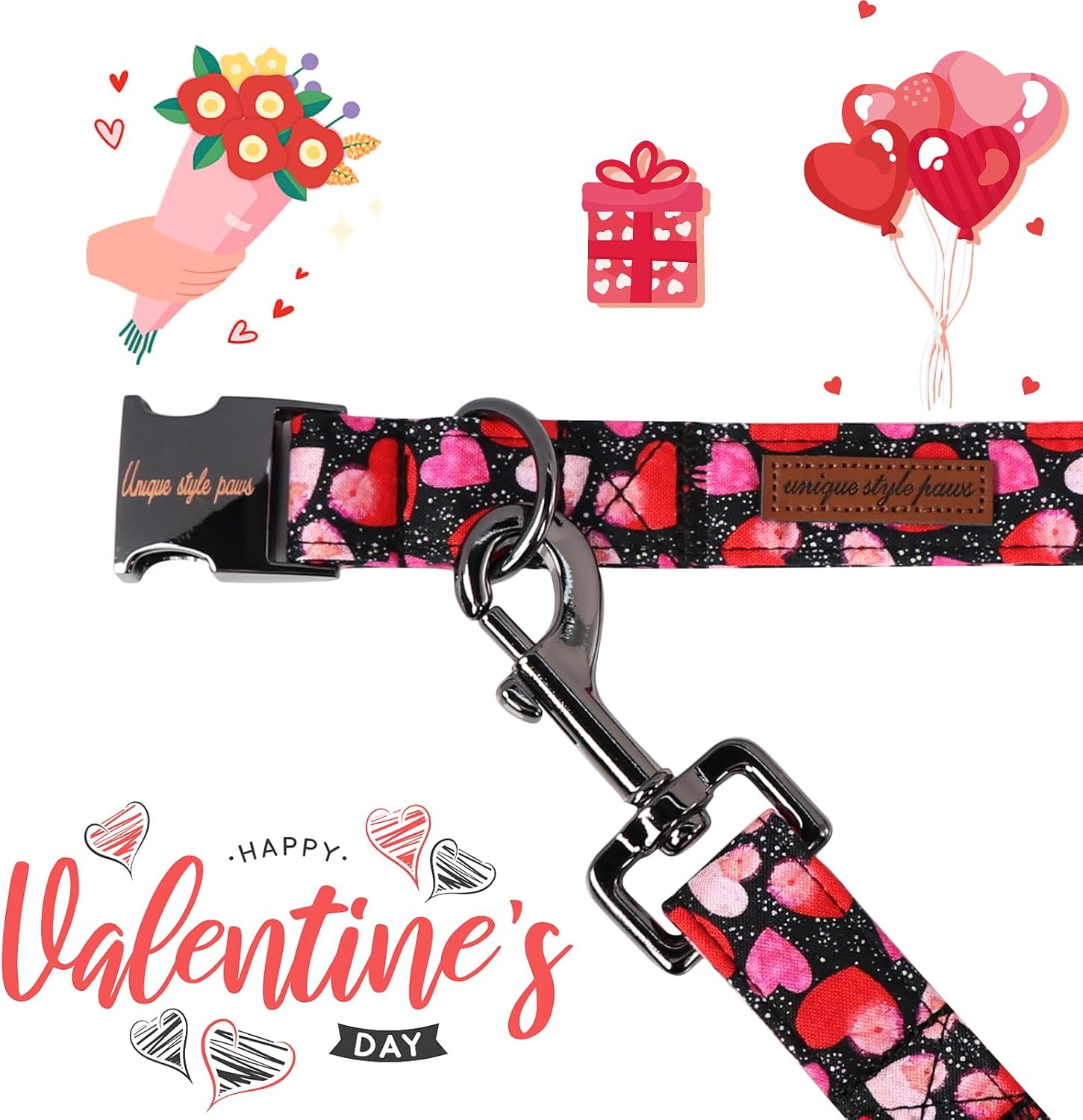 Unique Style Paws Valentine's Dog Collar Leash - Black, S - Cotton, Buckle - Dog