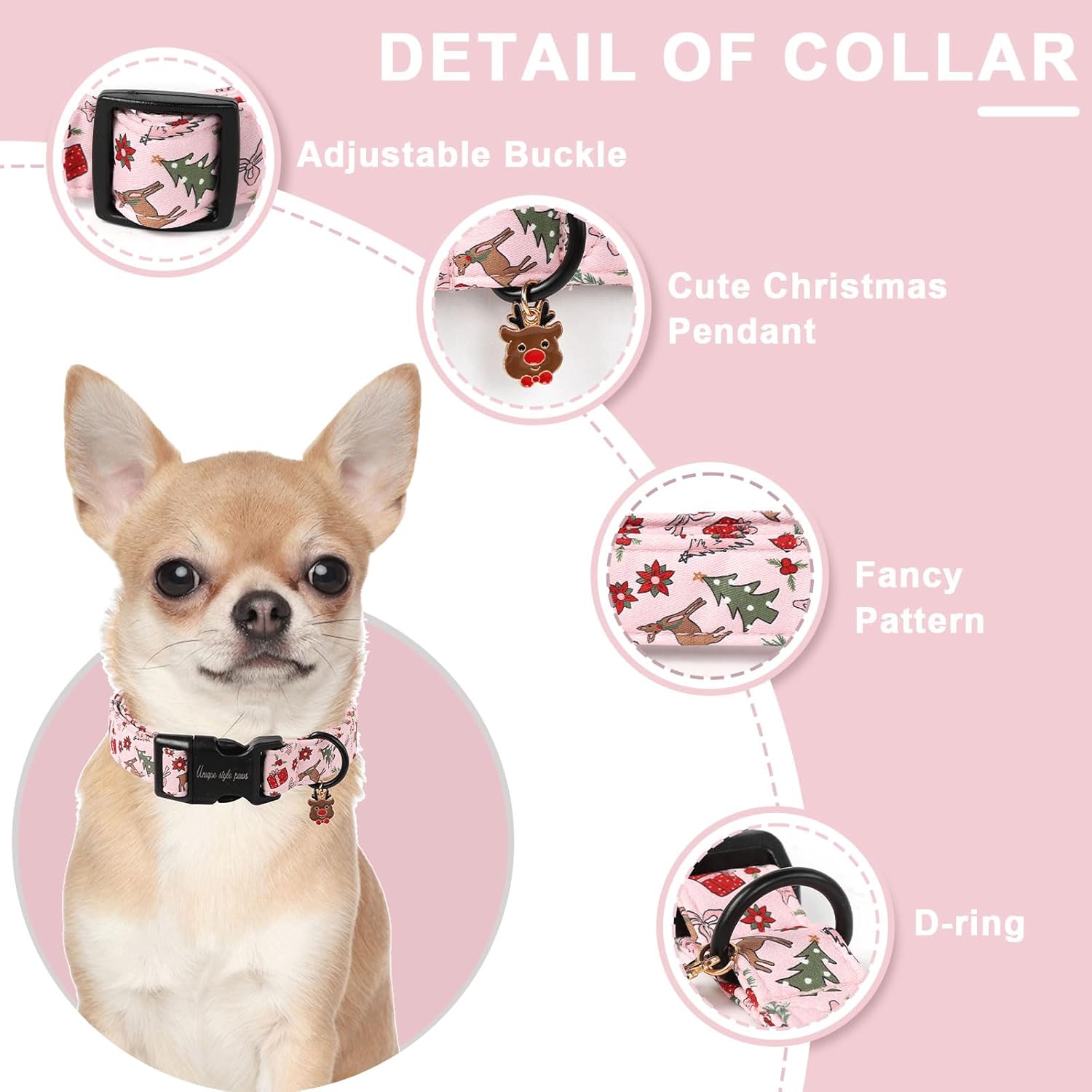 Christmas Dog Collar, Unique Style Paws Pink Dog Collar for Christmas Comfortable Pet Collar with Lightweight Plastic Buckle for Holiday, Fancy Dog Gift