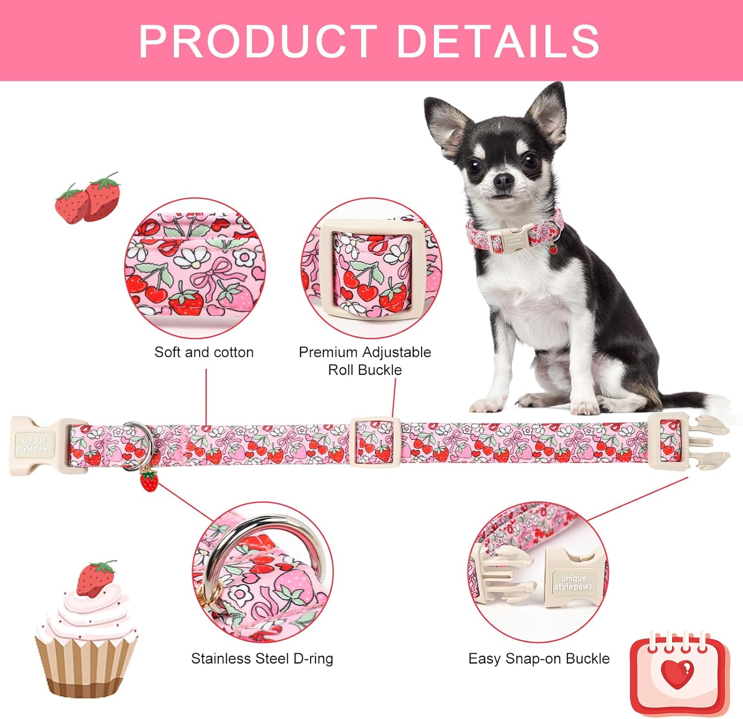 Unique Style Paws Valentine Dog Collar Plastic Buckle with Pendant Red Pink Strawberry Cotton Puppy Collars for Small Medium Large Dogs