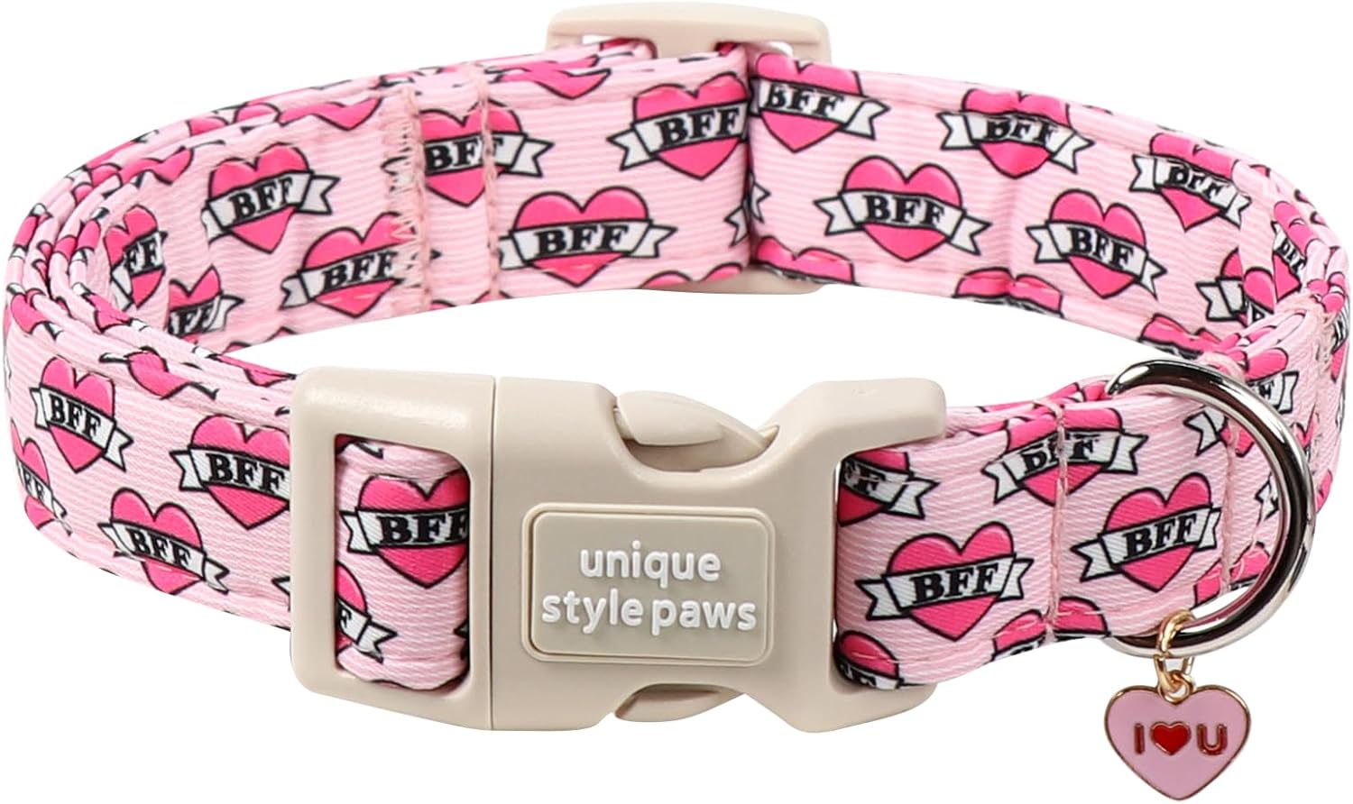 Unique Style Paws Valentine Dog Collar,Pink Heart BFF Print Dog Collar for Small Dogs,Soft Cotton Puppy Collars with Adjustable Buckle for Small,Medium,Large Dogs