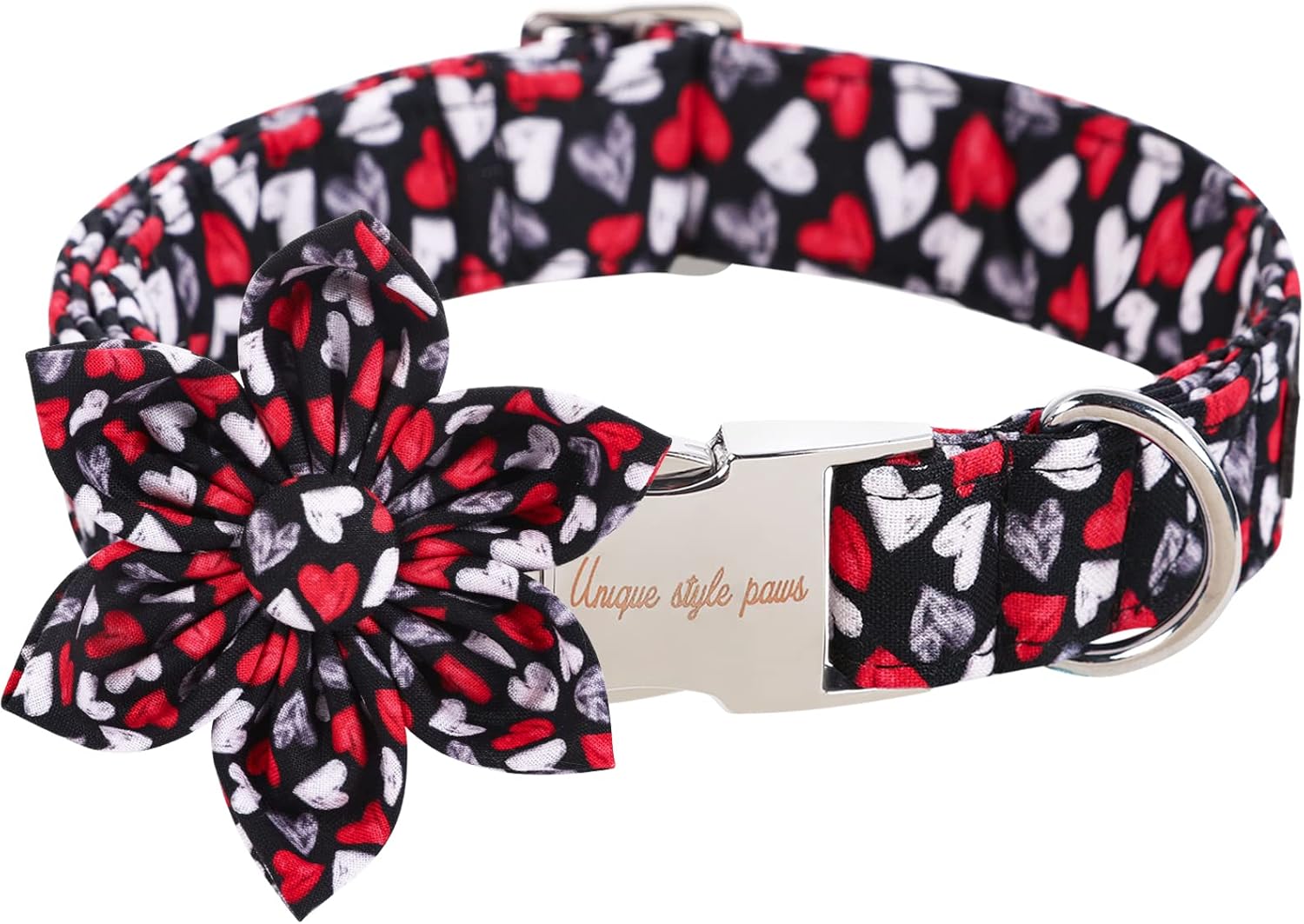 Unique style paws Valentine's Day Dog Collar with Flower Tie Black & Red Heart Puppy Collar Best Gothic Style Gift for Small Medium Large Boys Girls