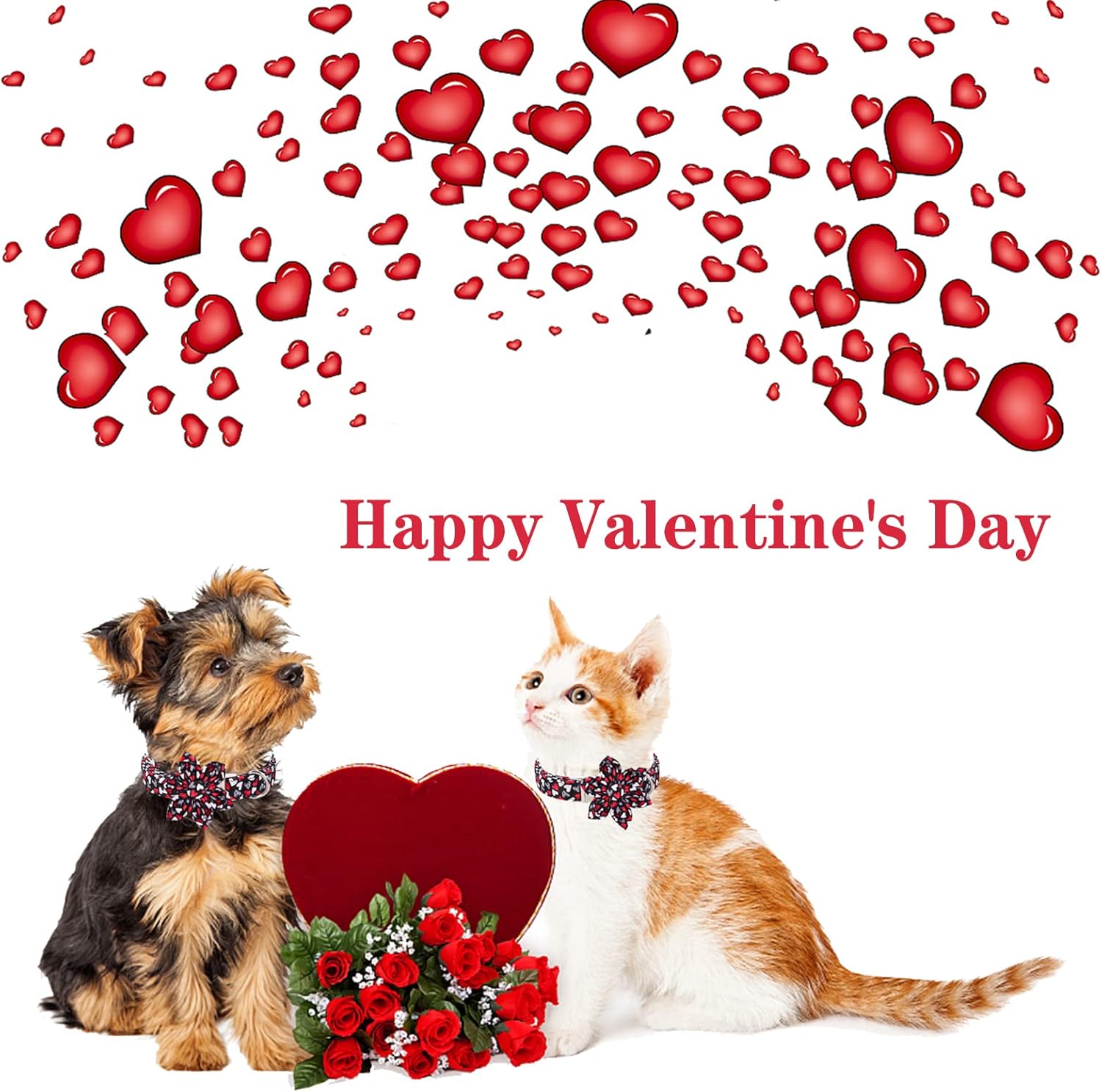 Unique style paws Valentine's Day Dog Collar with Flower Tie Black & Red Heart Puppy Collar Best Gothic Style Gift for Small Medium Large Boys Girls