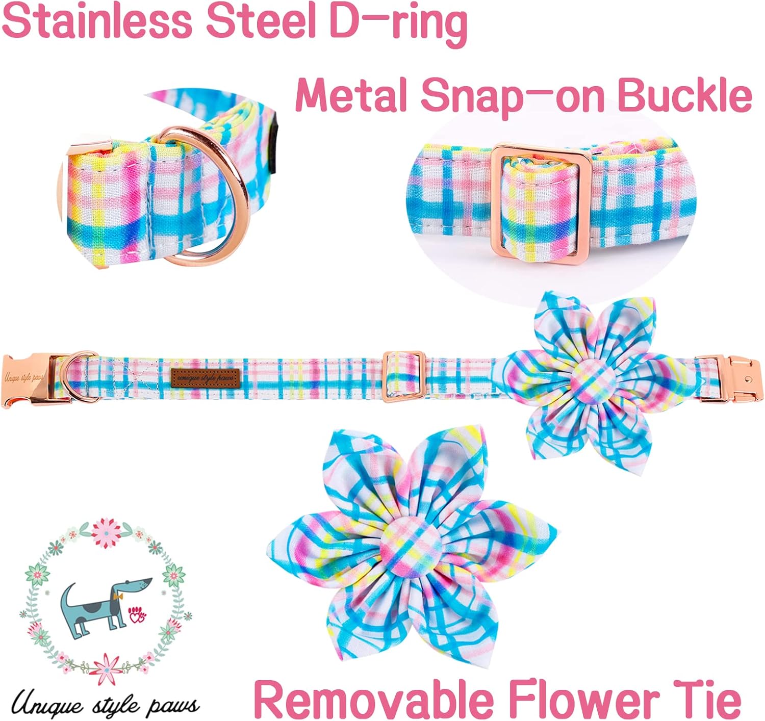 Unique style paws Easter Day Dog Collar with Flower Tie Blue Pink Grid Puppy Collar for Small Medium Large Boys Girls