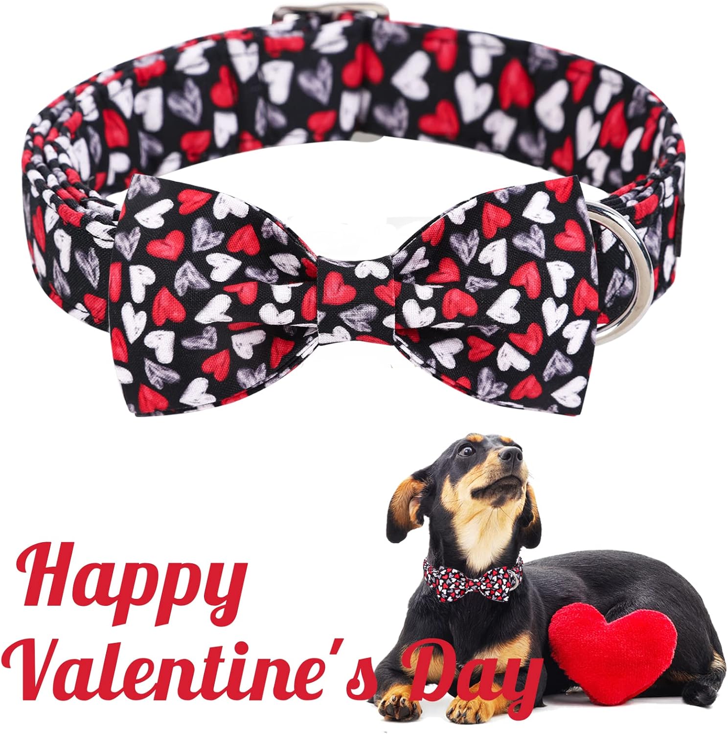 Unique style paws Valentine's Day Dog Collar with Bow Tie Black & Red Heart Puppy Collar Best Gothic Style Gift for Small Medium Large Boys Girls-XL