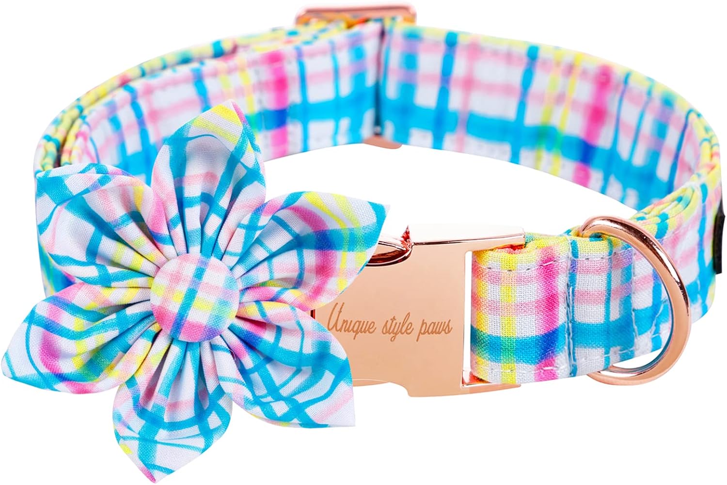 Unique style paws Easter Day Dog Collar with Flower Tie Blue Pink Grid Puppy Collar for Small Medium Large Boys Girls