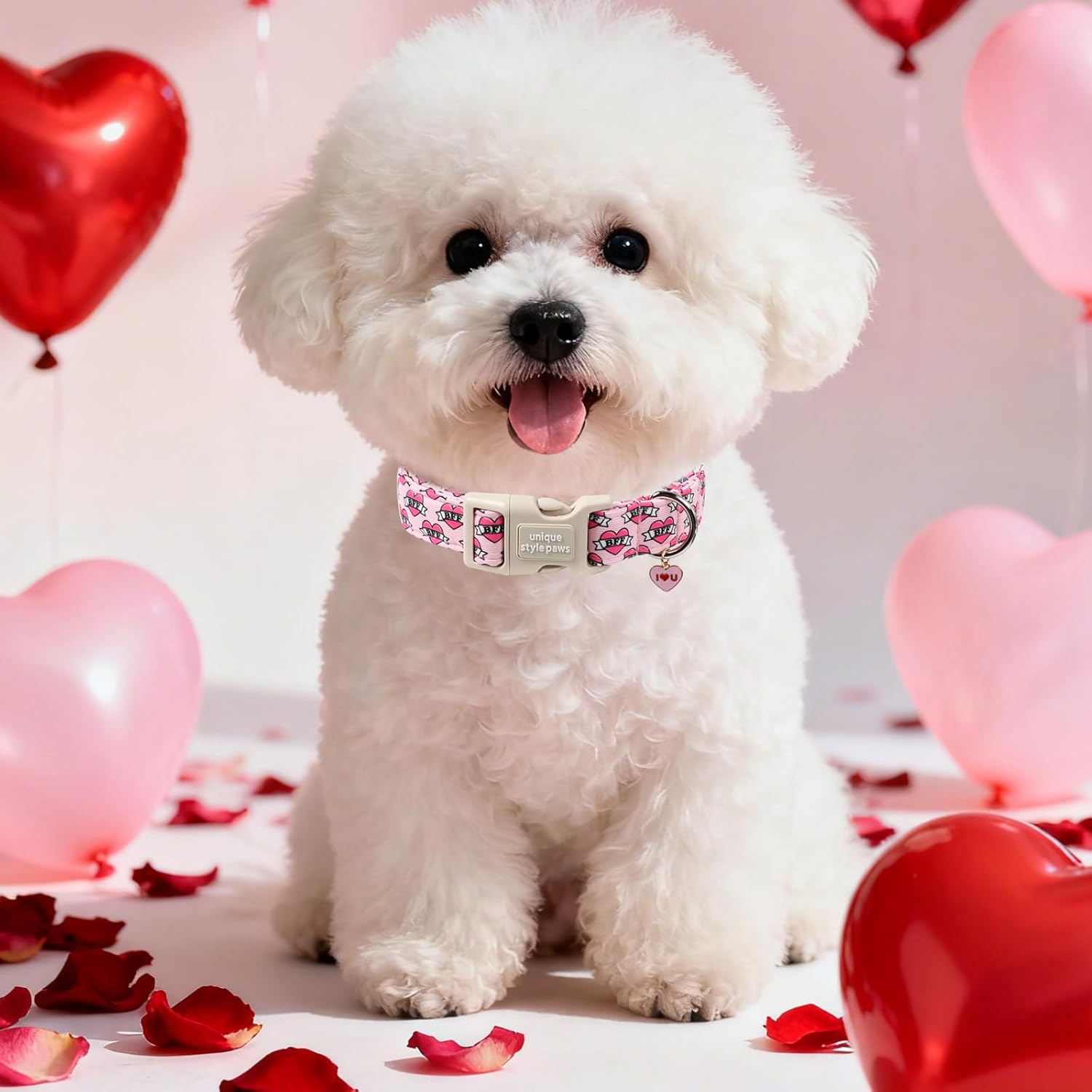 Unique Style Paws Valentine Dog Collar,Pink Heart BFF Print Dog Collar for Small Dogs,Soft Cotton Puppy Collars with Adjustable Buckle for Small,Medium,Large Dogs