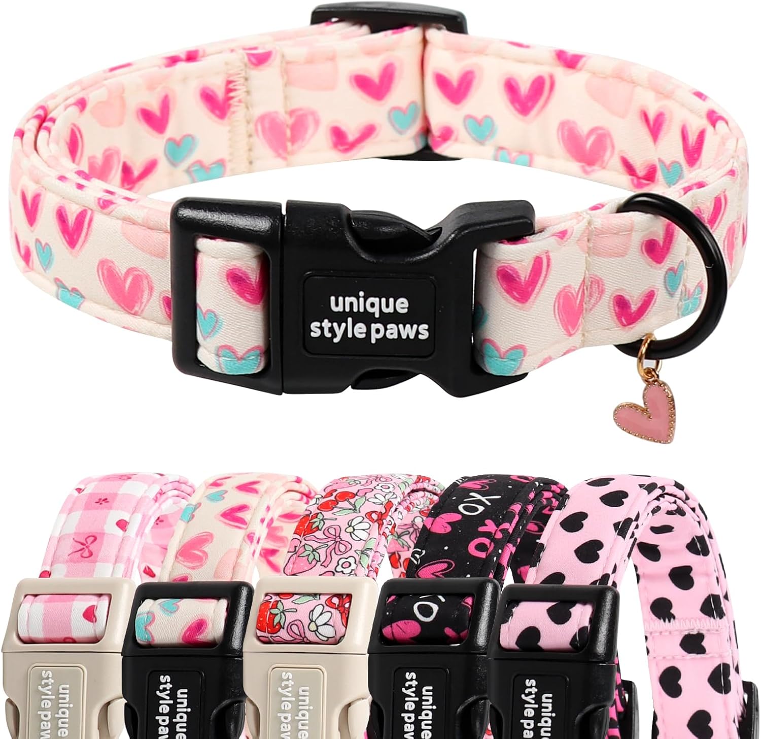 Unique Style Paws Valentine Dog Collar Plastic Buckle with Pendant Beige Colorful Heart Cotton Puppy Collars for Small Medium Large Dogs