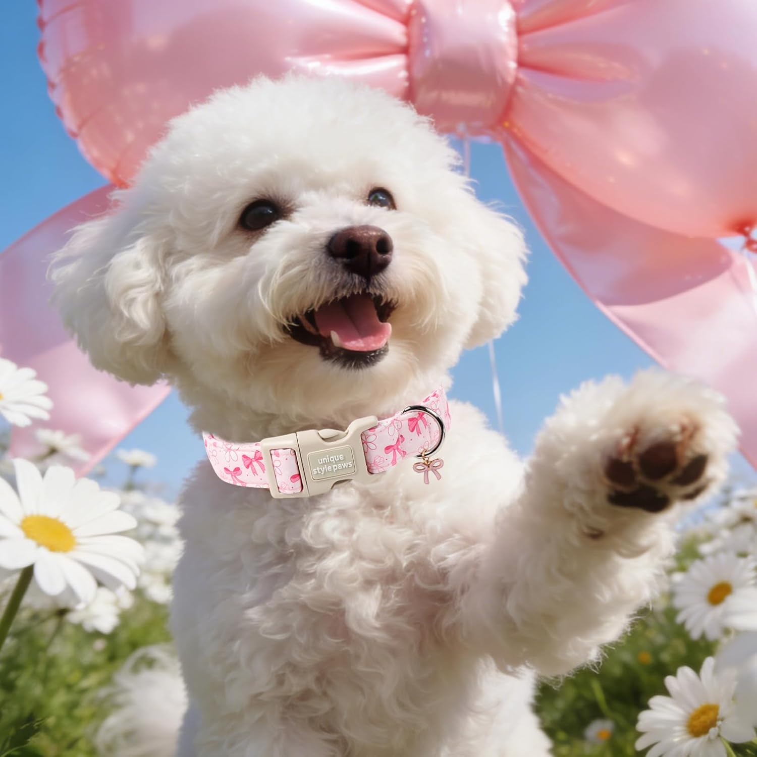Unique Style Paws Pink Bow Dog Collar,Pink Flower Dog Collar for Small Dogs,Soft Cotton Puppy Collars with Adjustable Buckle for Small,Medium,Large Dogs,Gift for Puppy