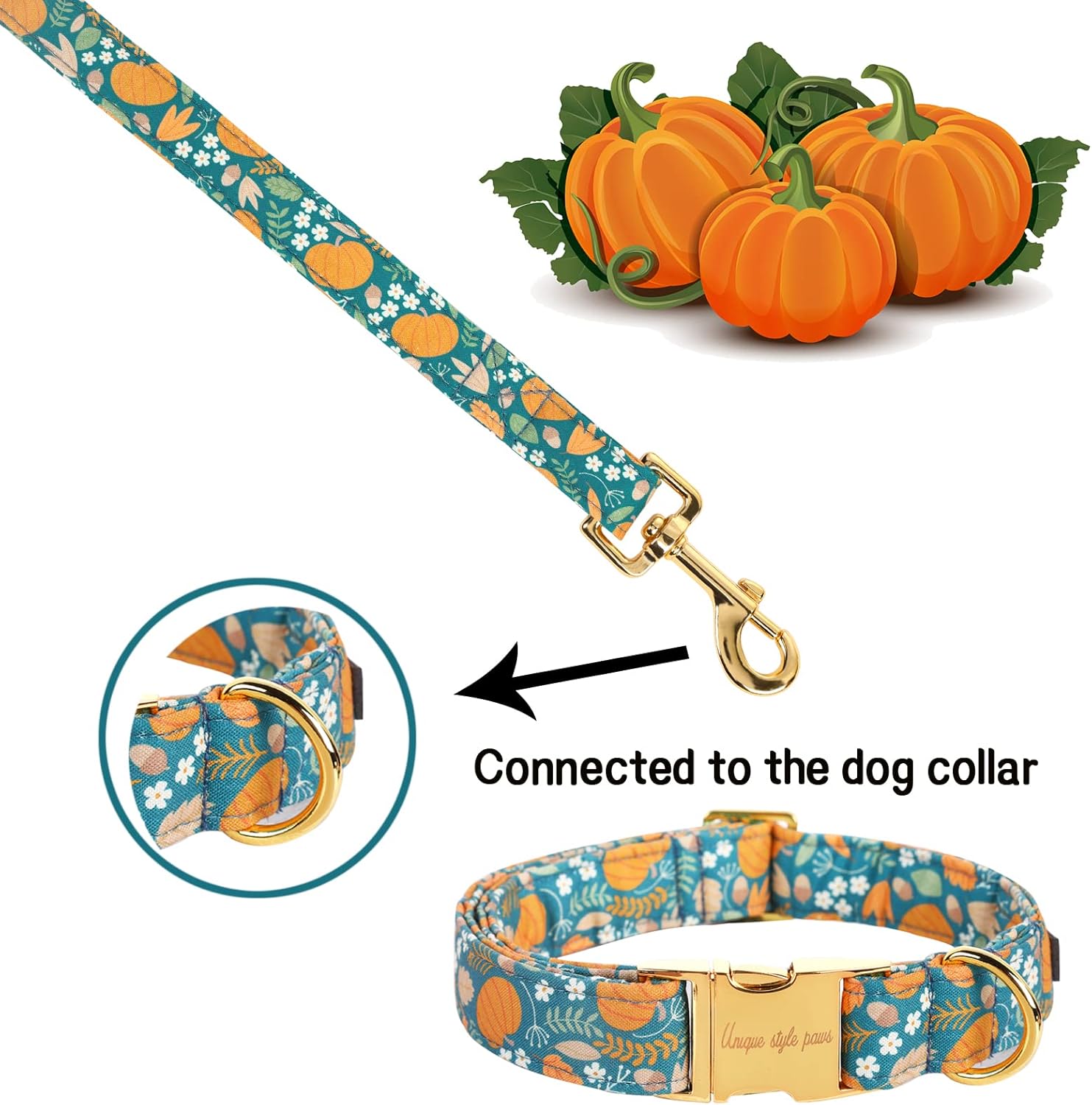 Unique style paws Fall Dog Leash with Soft and Comfy Handle Dog Traction Rope for Dogs and Cats-Green Pumpkin-M