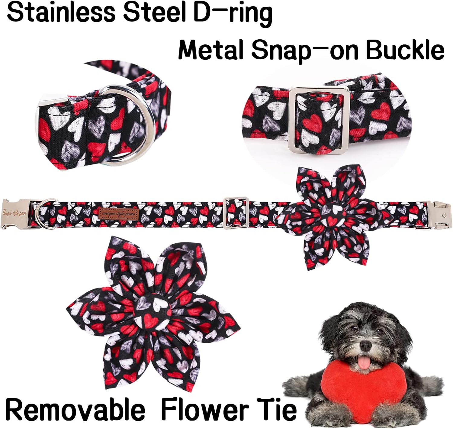 Unique style paws Valentine's Day Dog Collar with Flower Tie Black & Red Heart Puppy Collar Best Gothic Style Gift for Small Medium Large Boys Girls
