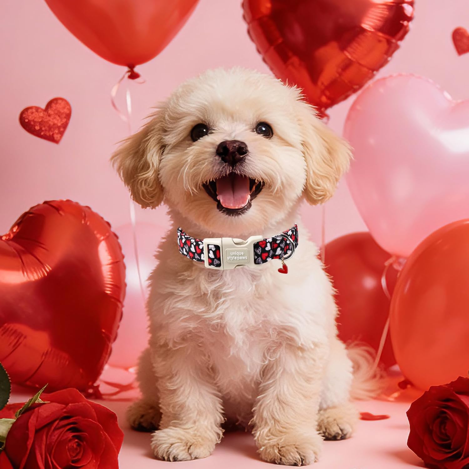 Unique Style Paws Valentine Dog Collar,Black Red Heart Print Dog Collar for Small Dogs,Soft Cotton Puppy Collars with Adjustable Buckle for Small,Medium,Large Dogs,Gift for Puppy