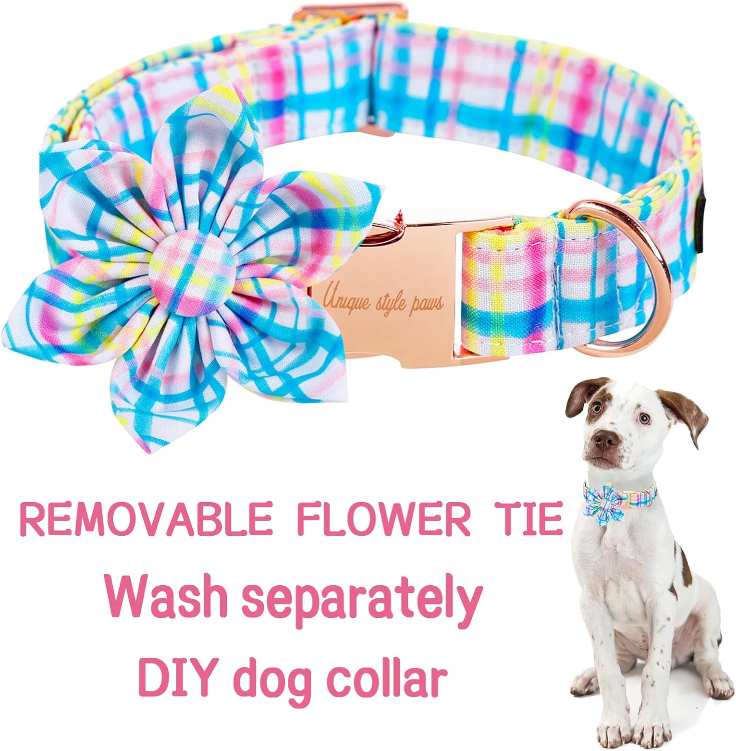Unique style paws Easter Day Dog Collar with Flower Tie Blue Pink Grid Puppy Collar for Small Medium Large Boys Girls