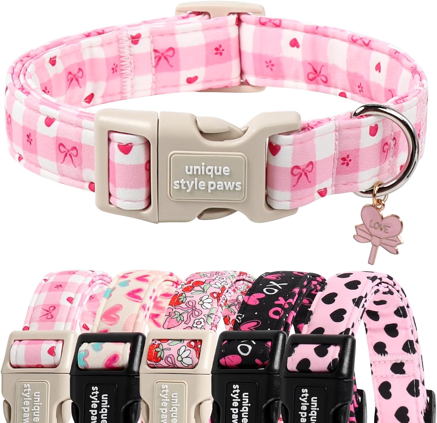 Unique Style Paws Valentine Dog Collar Plastic Buckle with Pendant Pink Grid Bow Love Heart Cotton Puppy Collars for Small Medium Large Dogs