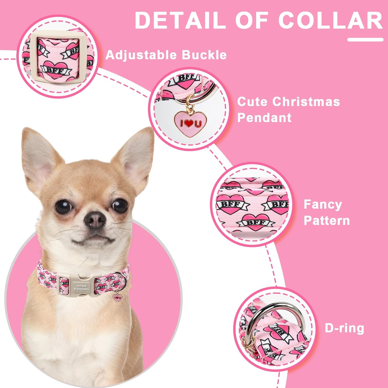 Unique Style Paws Valentine Dog Collar,Pink Heart BFF Print Dog Collar for Small Dogs,Soft Cotton Puppy Collars with Adjustable Buckle for Small,Medium,Large Dogs