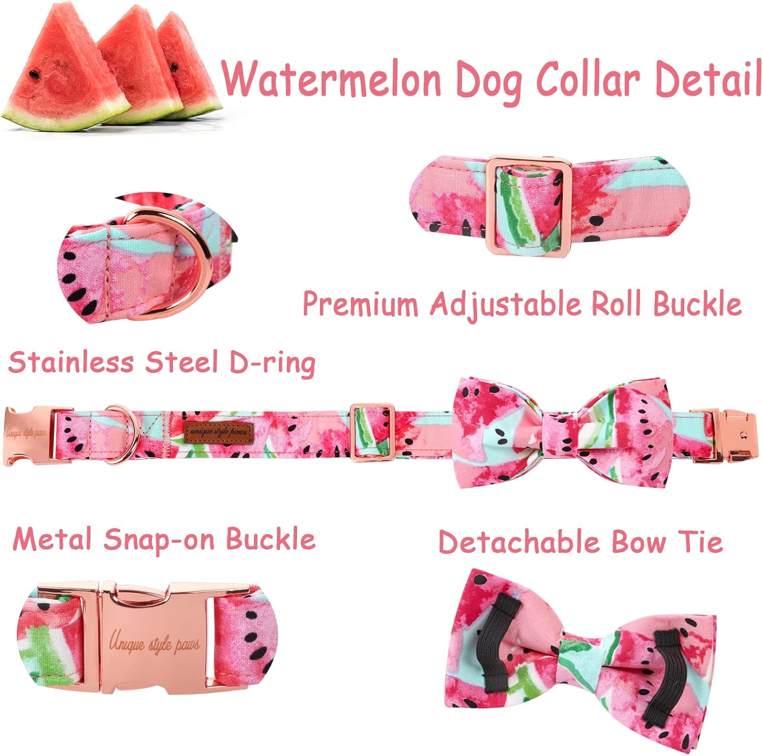 Unique style paws Bowtie Dog Collar Cotton Watermelon Adjustable Summer Collar for Small Medium Large Dogs