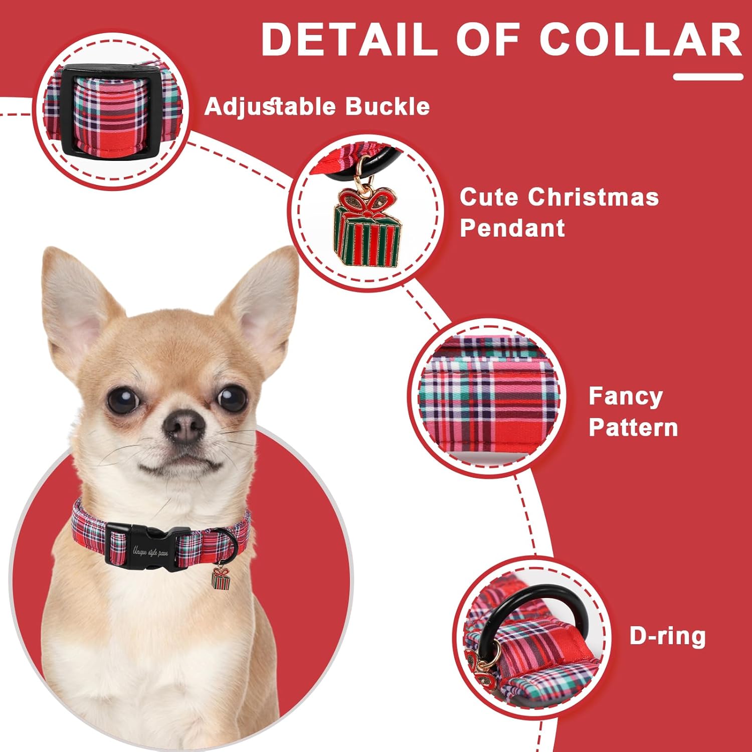 Christmas Dog Collar, Unique Style Paws Red Green Grids Dog Collar for Christmas Comfortable Red Pet Collar with Lightweight Plastic Buckle for Holiday, Fancy Dog Gift