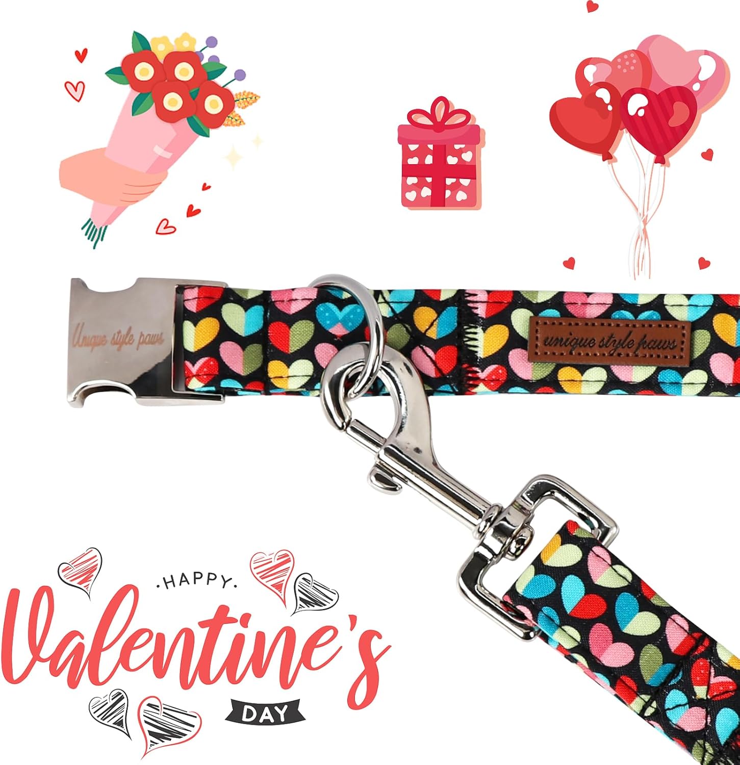 Unique Style Paws Valentine's Dog Collar Leash - Multicolor, Cotton, Buckle, XS, Love Design, Adjustable Size, Sturdy Metal Buckle