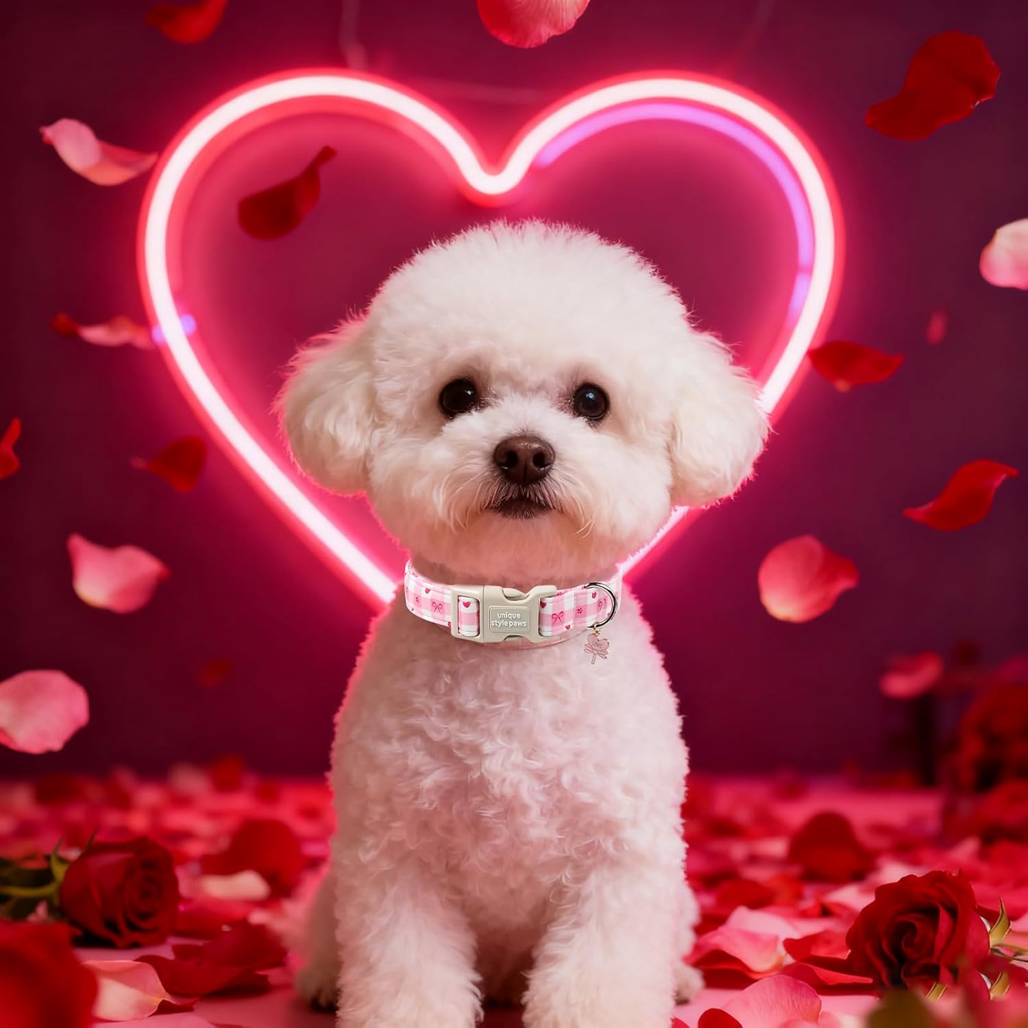 Unique Style Paws Valentine Dog Collar Plastic Buckle with Pendant Pink Grid Bow Love Heart Cotton Puppy Collars for Small Medium Large Dogs