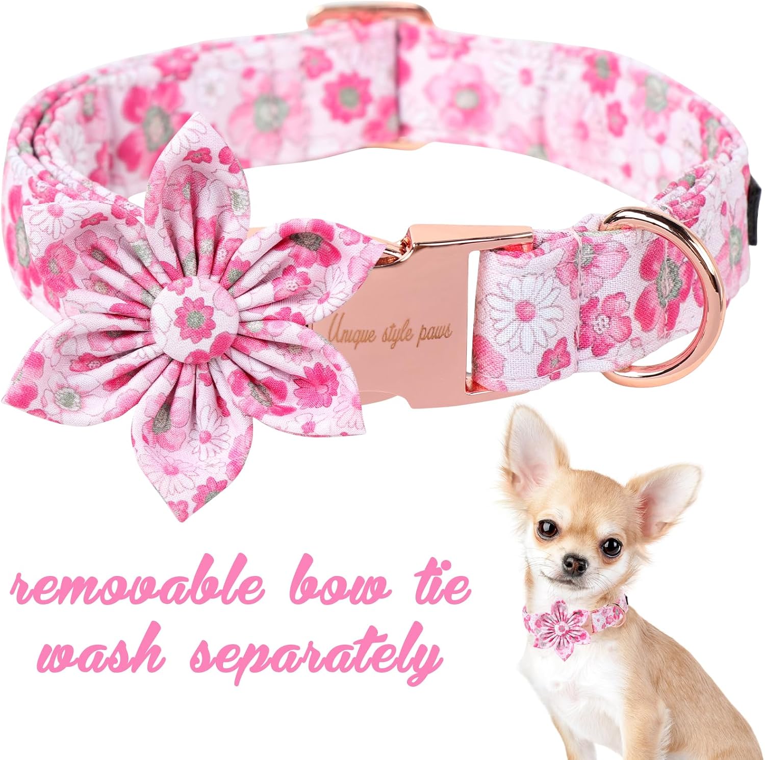 Unique Style Paws Summer Dog Collar with Floral Bow,Pink Bow Tie Puppy Collar,Flower Pattern Dog Bow Collar for Small,Medium,Large Dogs&Cats