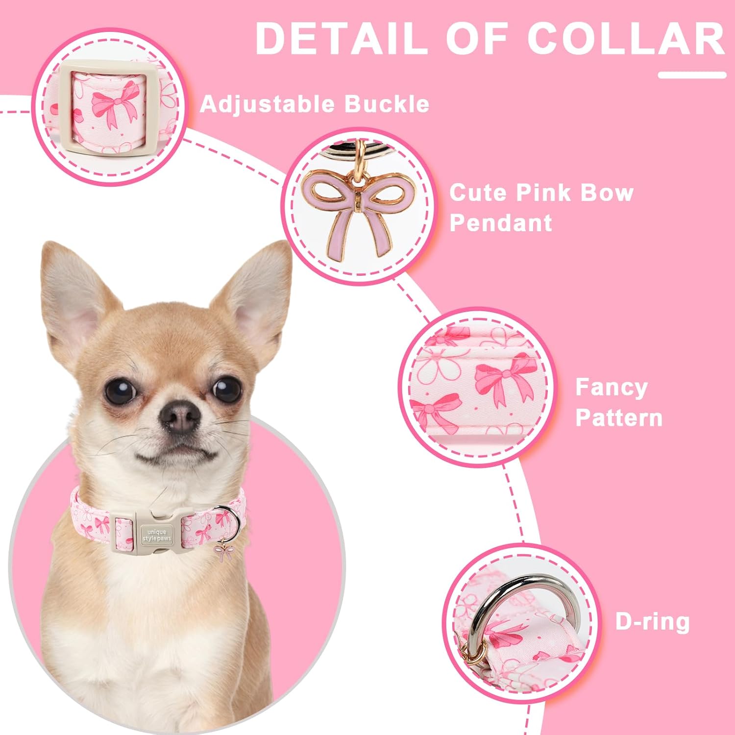 Unique Style Paws Pink Bow Dog Collar,Pink Flower Dog Collar for Small Dogs,Soft Cotton Puppy Collars with Adjustable Buckle for Small,Medium,Large Dogs,Gift for Puppy