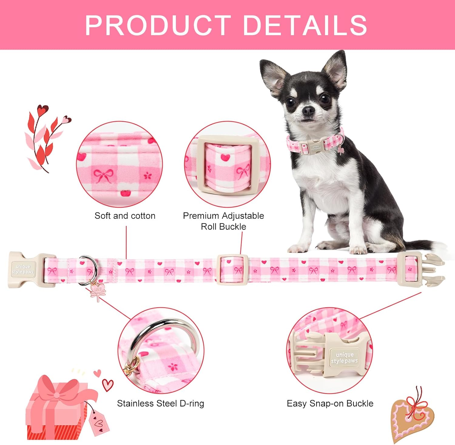 Unique Style Paws Valentine Dog Collar Plastic Buckle with Pendant Pink Grid Bow Love Heart Cotton Puppy Collars for Small Medium Large Dogs