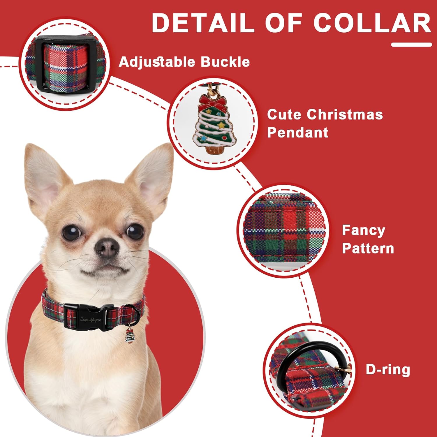 Christmas Dog Collar, Unique Style Paws Red Green Grids Dog Collar for Christmas Comfortable Red Pet Collar with Lightweight Plastic Buckle for Holiday, Fancy Dog Gift
