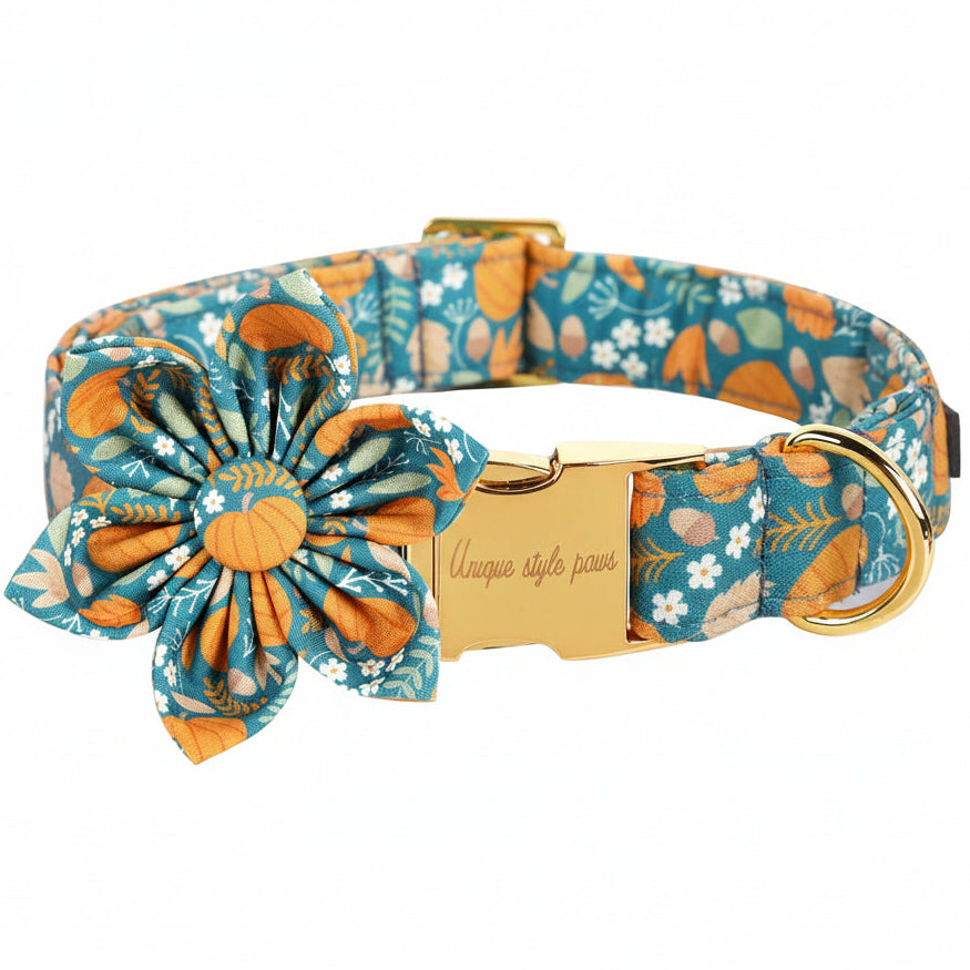 Unique style paws Halloween Dog Collar with Flower Tie Pumpkin Cotton Collar Adjustable Puppy Collar for Small Medium Large Dogs-XL