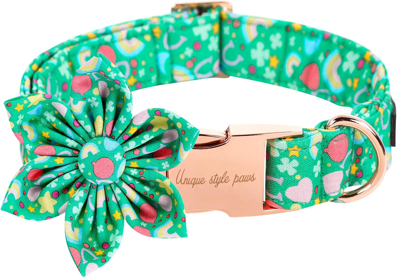 Unique style paws St. Patrick's Day Dog Collar with Flower Tie Rainbow Clover Heart Puppy Collar for Small Medium Large Boys Girls