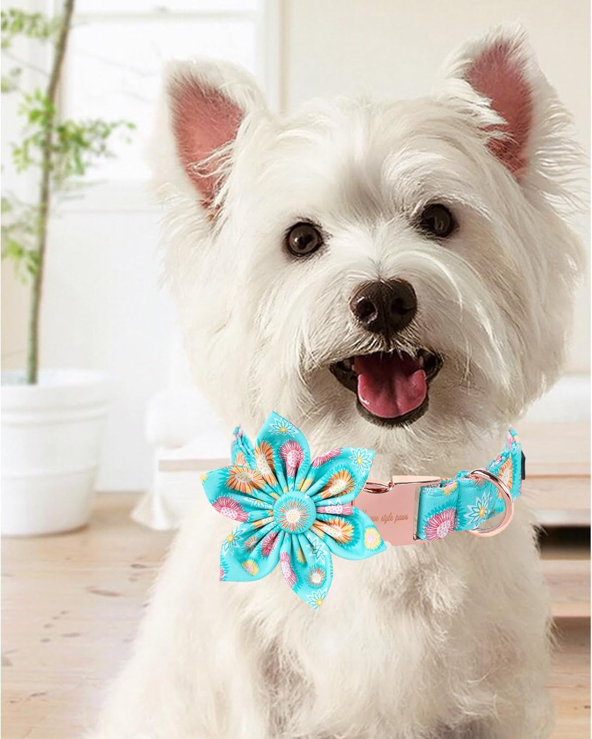 Unique Style Paws Summer Dog Collar with Floral Bow,Sunflower Bows Tie Puppy Collar, Cute Blue Dog Bow Collars for Small,Medium,Large Dogs Pets Summer Gifts