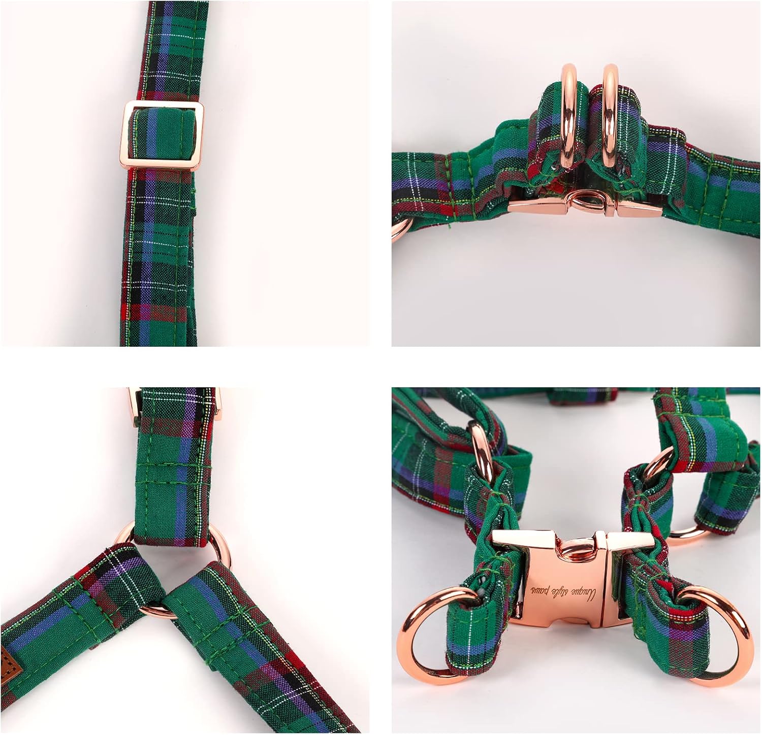 Unique style paws Green Plaid Dog Harness Adjustable Harnesses Durable Hardware with Bowtie for Small Medium Large Dog-Christmas Style