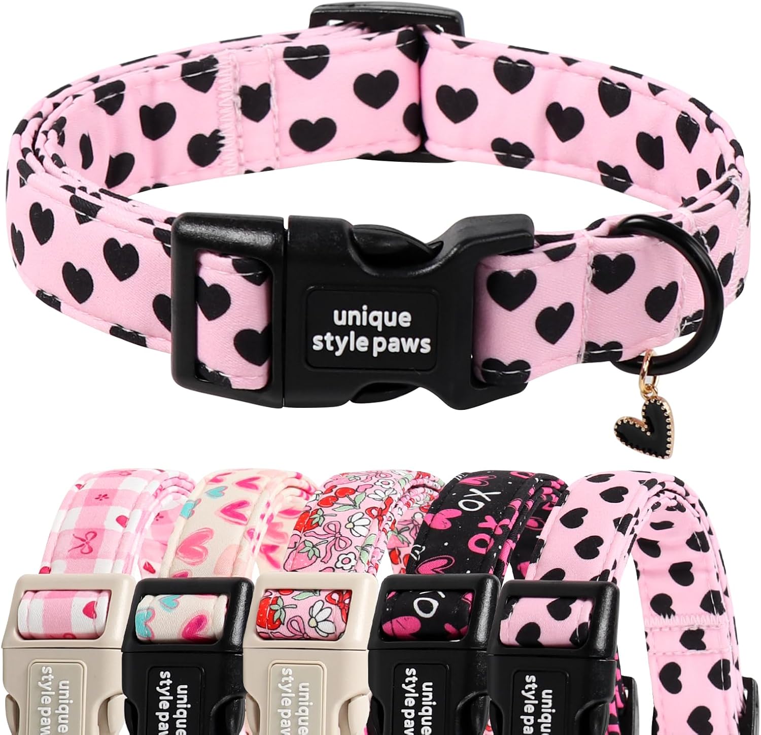 Unique Style Paws Valentine Dog Collar Plastic Buckle with Pendant Black Pink Love Heart Cotton Puppy Collars for Small Medium Large Dogs
