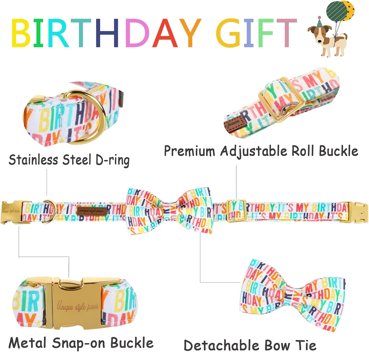 Unqiue Style Paws Birthday Dog Collar, Soft and Cute Dog Bow Tie, Durable Pet Collar with Bow Adjustable Bow Dog Collar forSmall Medium Large Dogs