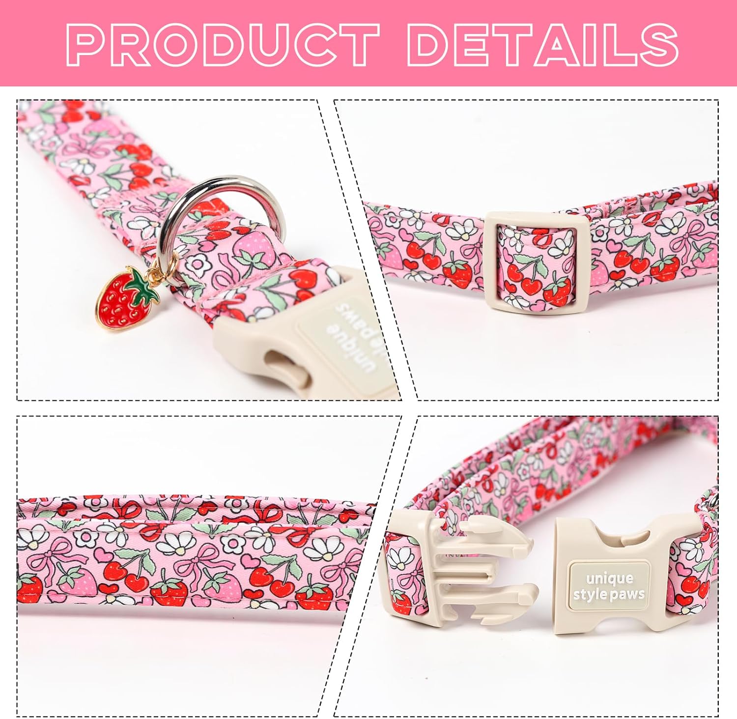 Unique Style Paws Valentine Dog Collar Plastic Buckle with Pendant Red Pink Strawberry Cotton Puppy Collars for Small Medium Large Dogs