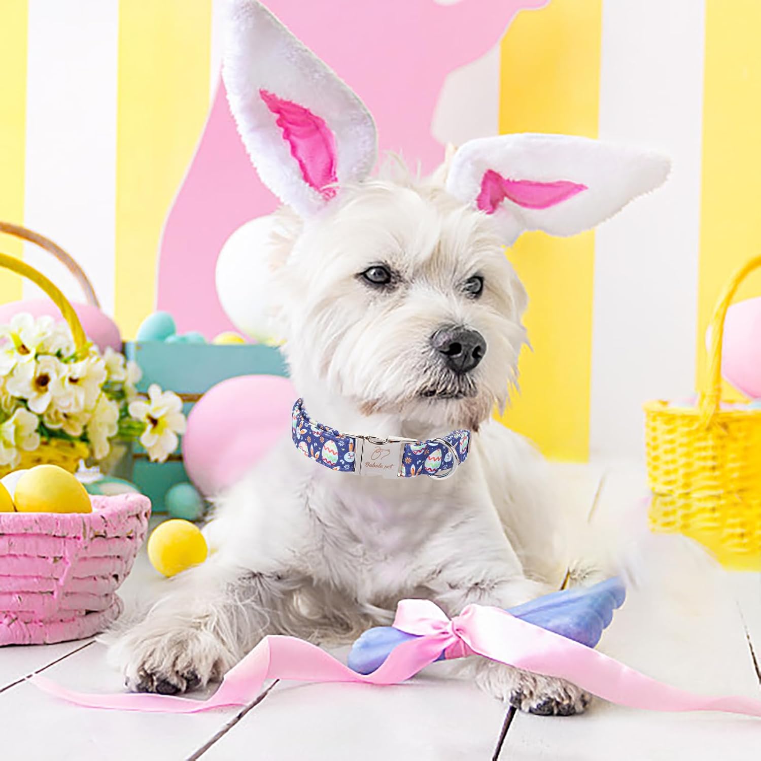 Easter Dog Collar, Cute Easter Bunny Eggs Pet Collar with Metal Buckel, Durable Adjustable Holiday Dog Collars for Small Medium Large Dogs XL