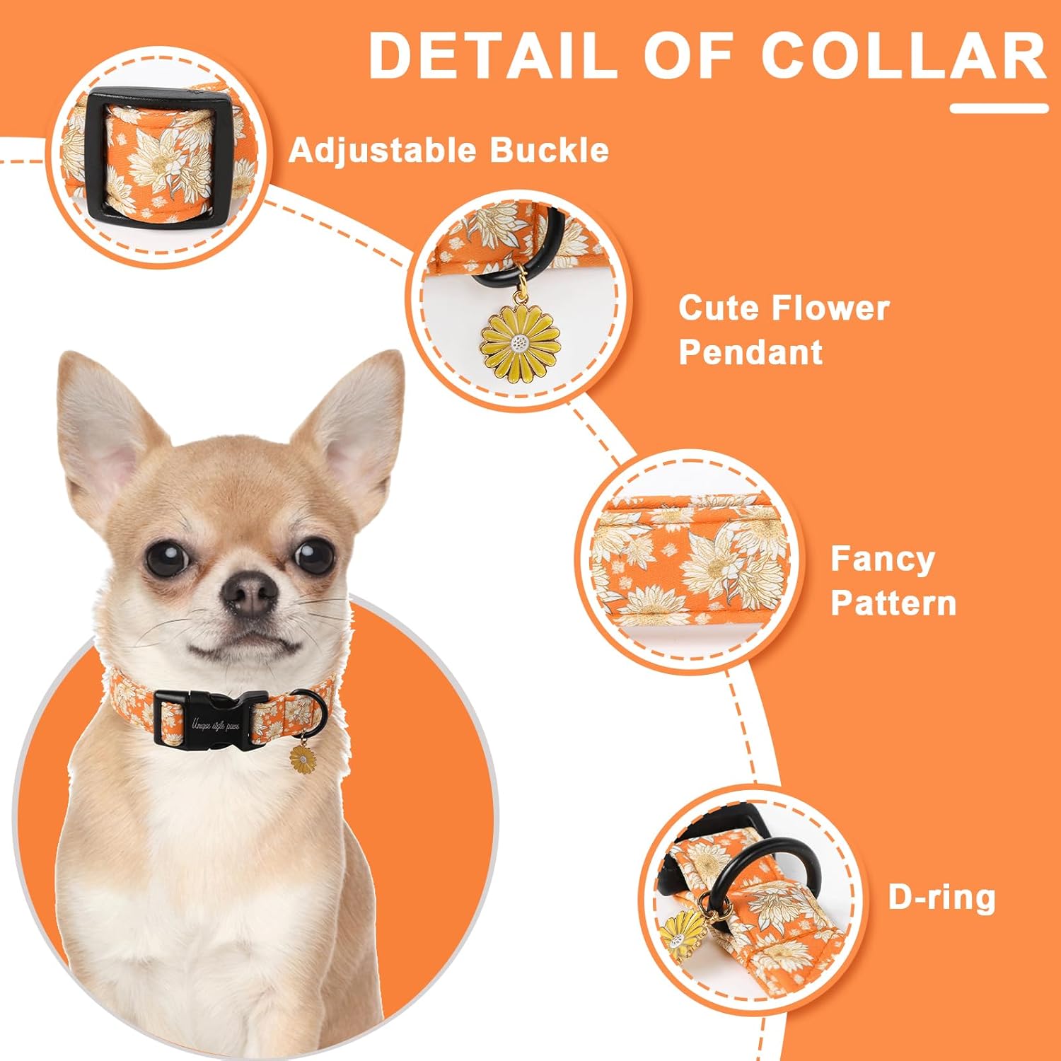 Fall Dog Collar, Unique Style Paws Floral Dog Collar with a Cute Sunflower Pendant, Fancy Pet Gift for Holiday, Suitable for Small, Medium, Large Boy Girl Dogs