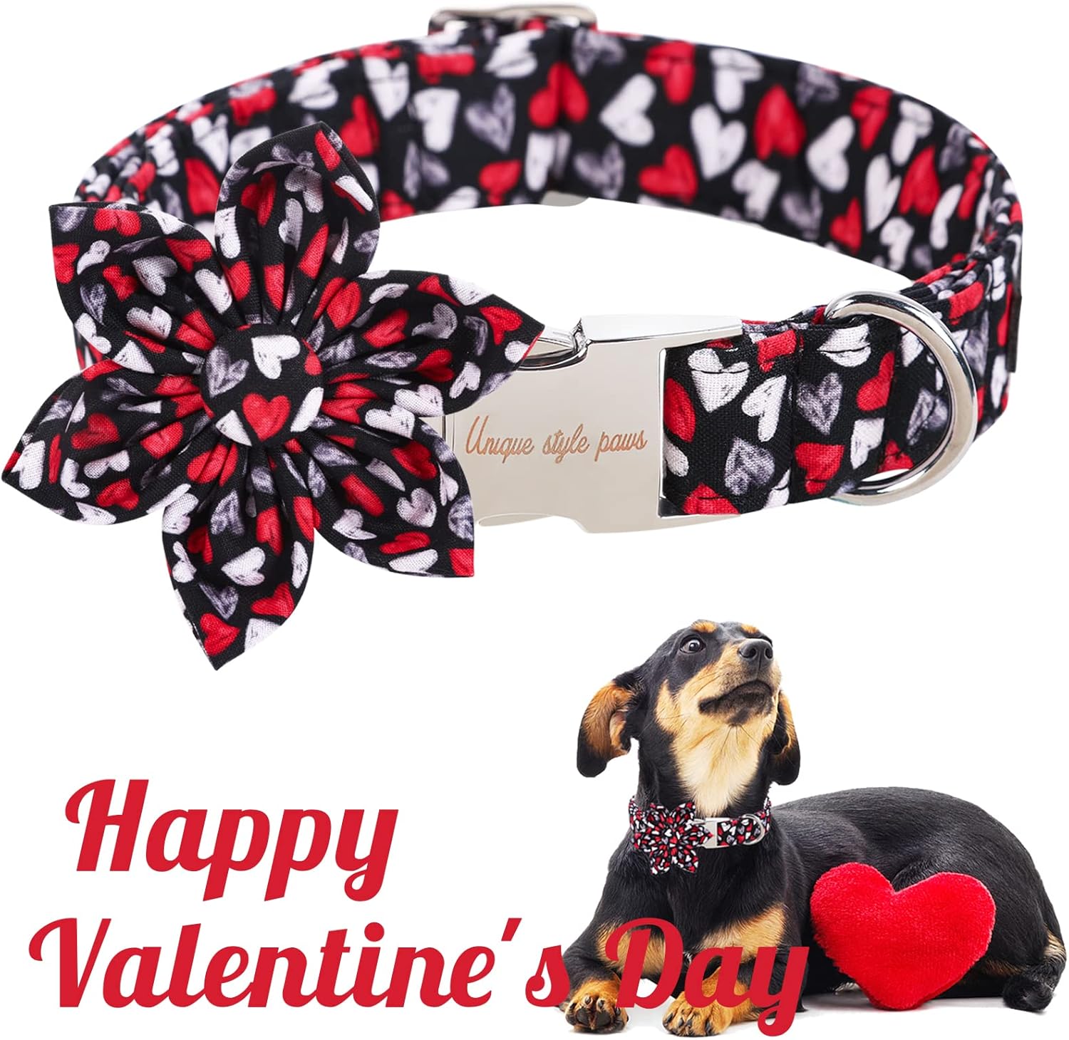 Unique style paws Valentine's Day Dog Collar with Flower Tie Black & Red Heart Puppy Collar Best Gothic Style Gift for Small Medium Large Boys Girls