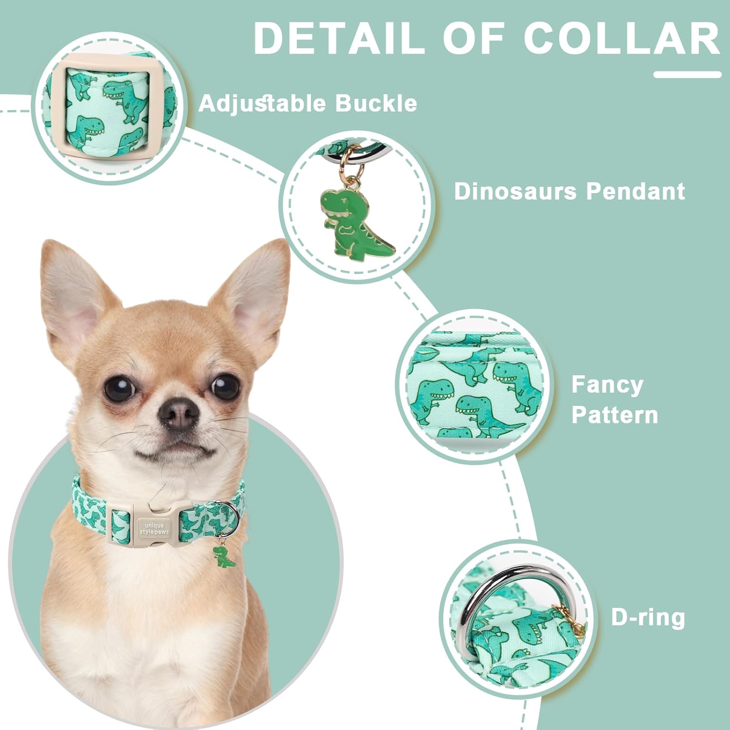 Dinosaur Dog Collar,Unique Style Paws Summer Dog Collars Comfortable Cotton Puppy Collars with Adjustable Buckle Cute Dinosaur Print Dogs Accessories for Small Medium Large Puppys