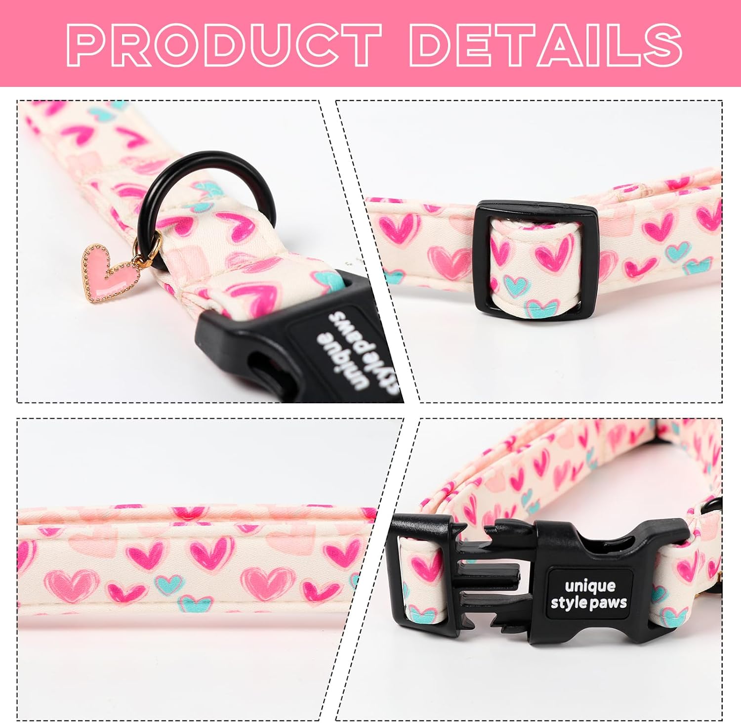 Unique Style Paws Valentine Dog Collar Plastic Buckle with Pendant Beige Colorful Heart Cotton Puppy Collars for Small Medium Large Dogs