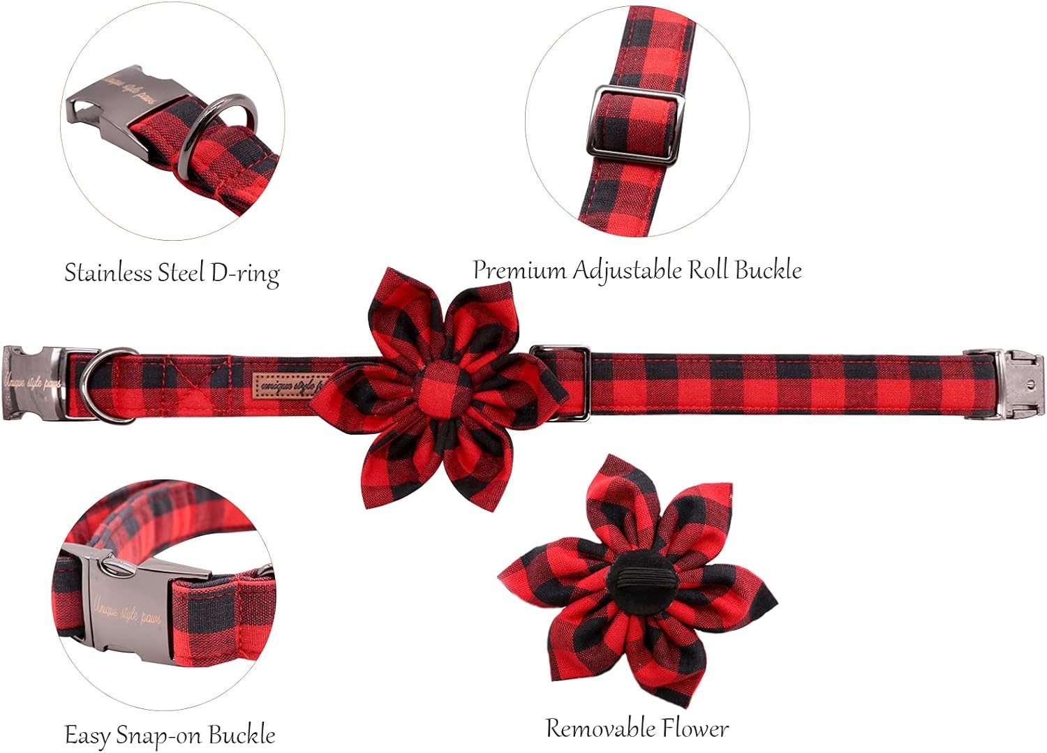 Uniqe Style Paws Christmas Grid Dog Collar, Female or Male Adjustable Puppy Collar with Flower, Durable Floral Pattern Pet for Large Dogs