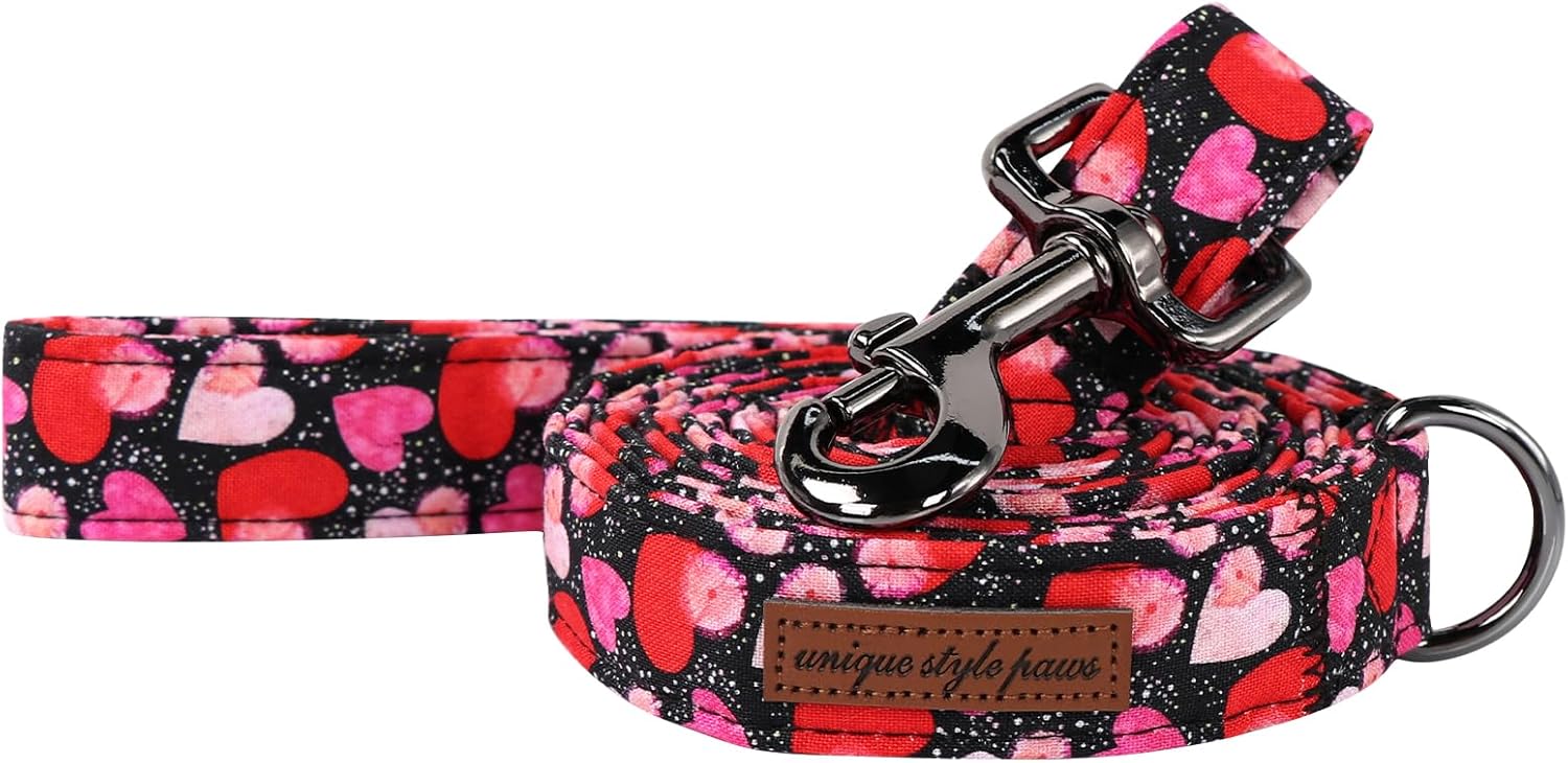 Unique Style Paws Valentine's Dog Collar Leash - Black, S - Cotton, Buckle - Dog