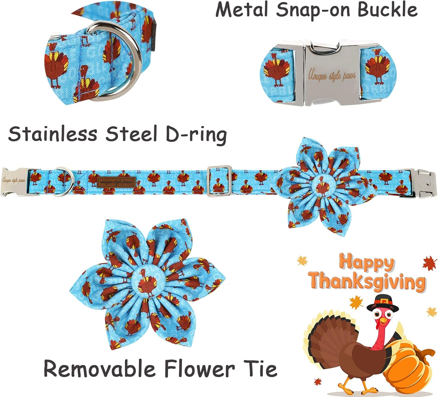 Unique style paws Thanksgiving Dog Collar with Flower Tie Autumn Turkey Theme Puppy Collar for Small Medium Large Dogs