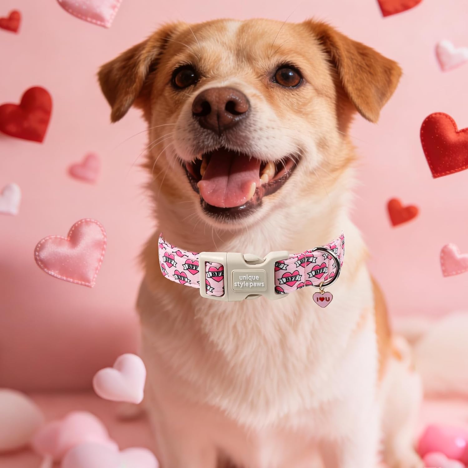 Unique Style Paws Valentine Dog Collar,Pink Heart BFF Print Dog Collar for Small Dogs,Soft Cotton Puppy Collars with Adjustable Buckle for Small,Medium,Large Dogs