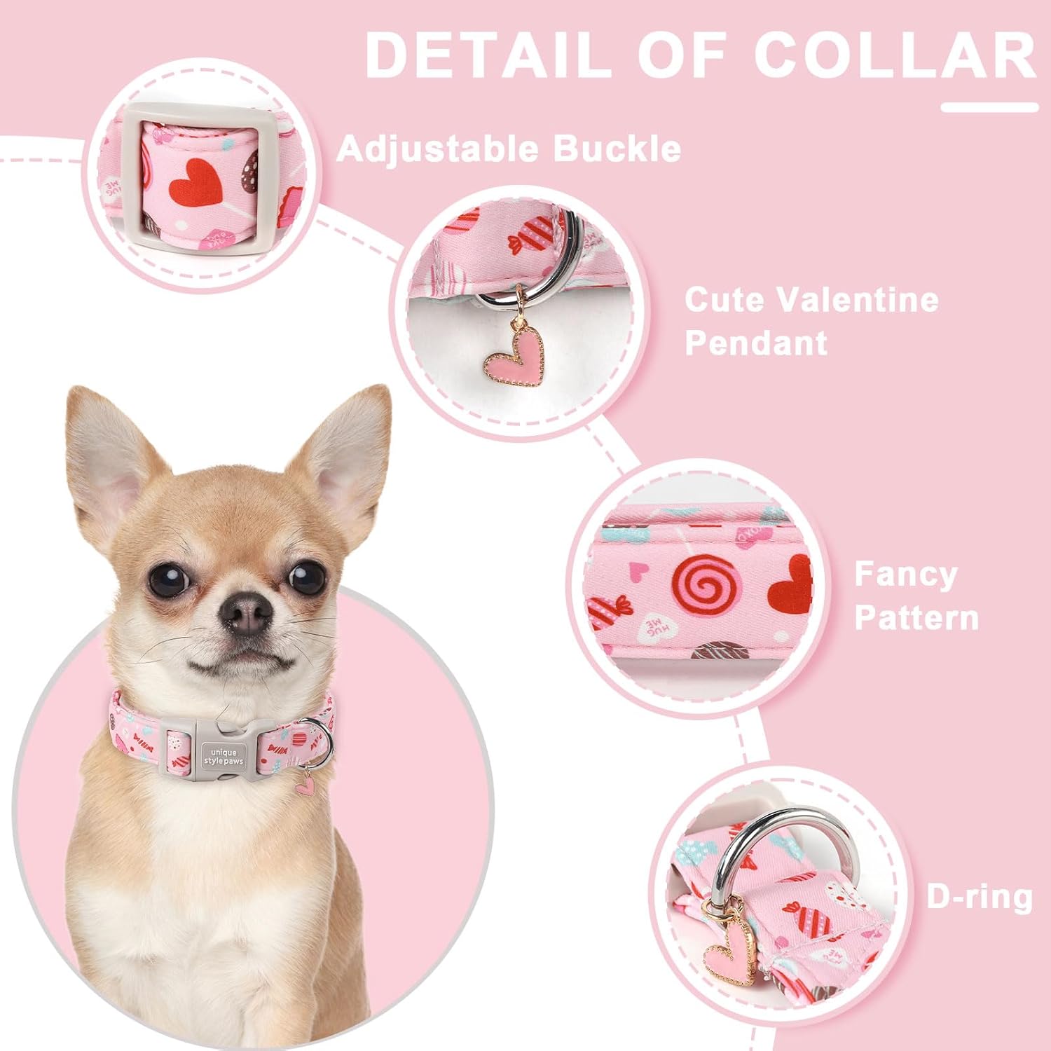 Unique Style Paws Valentine's Dog Collar Heart Love Collar for Dog Cotton Plastic Buckle Dog Collars,Adjustable Valentine Candy Lollipop Heart Puppy Collar with Cute Love Pendant