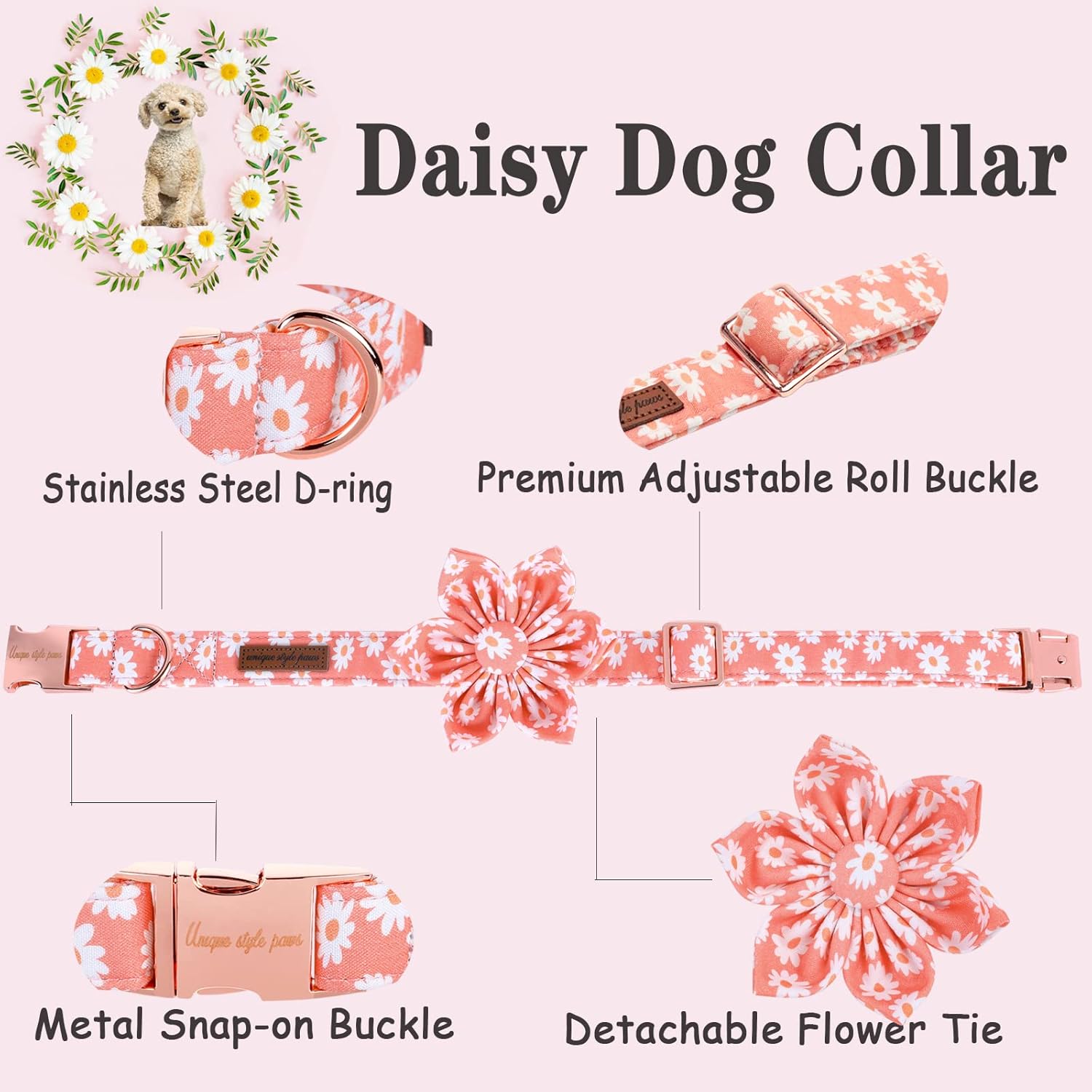 Unique style paws Dog Collar with Flower Tie Pink Daisy Summer Dog Collar for Small Medium Large Dogs with Adjustable Metal Buckle -M